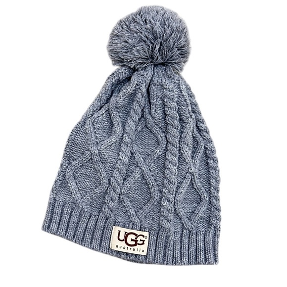 Ugg Australia gray cable knit ribbed Pom Pom hat one size - Picture 1 of 2